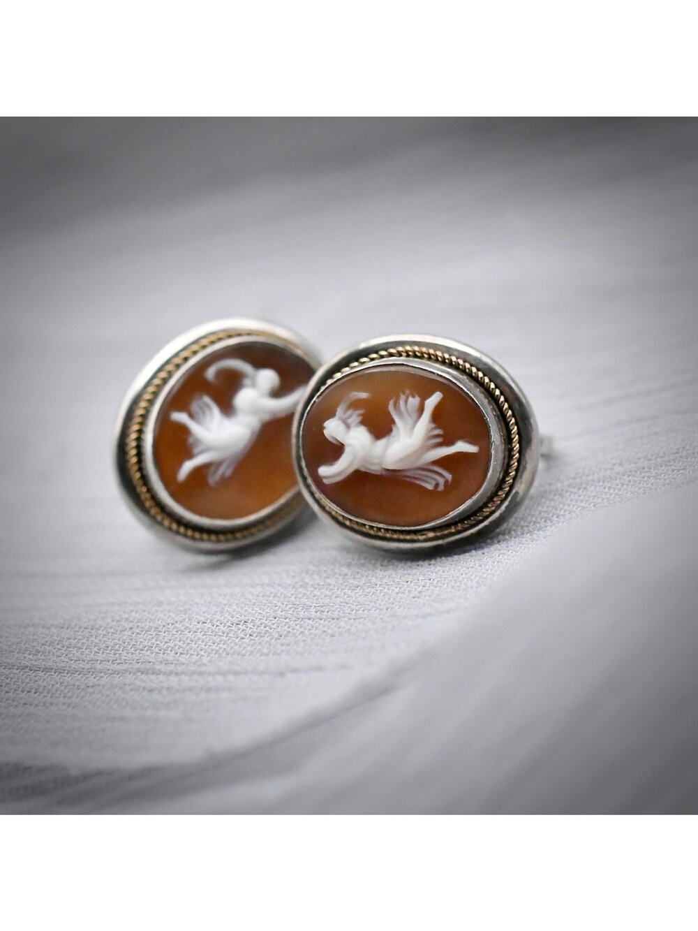 Vintage Italian 800 Silver Carved Shell Cameo Dancing Lady Earrings Screw Back